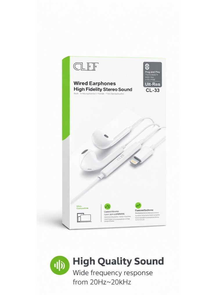 CLEF Wired Lightning Earphones with Built-in Microphone, High Fidelity Stereo Sound, Plug & Play Hands-Free Headset for iPhone & iOS Devices - Image 1